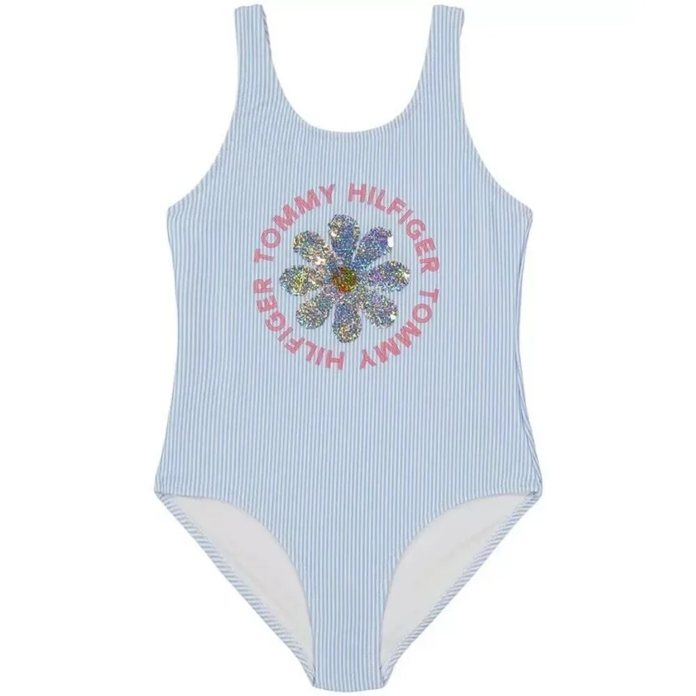 Tommy Hilfiger Girls Blue and White Stripe‎ Sequin Flower Swimsuit Size XL(16)